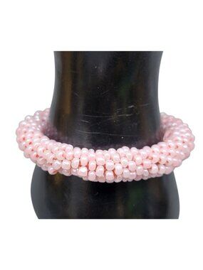 Natural Pink Opal Rondelle Bead Stretch Bracelet Size 7 Kumihimo Braiding